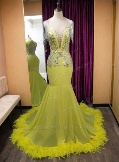 2025 Mermaid Daffodil Sweetheart Chiffon Prom Dresses With Feathers
