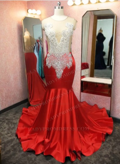 2025 Red V-neck Mermaid Prom Dresses with Beaded