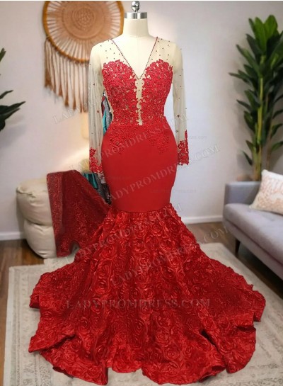 2025 V Neck Long Sleeve Red Mermaid Prom Dresses