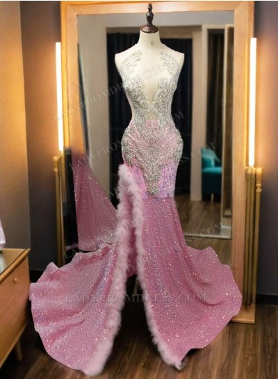 2025 Pink Long Side Slit Sequence Beaded Prom Dresses