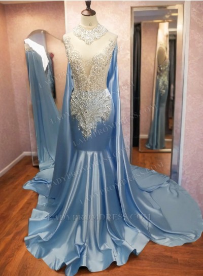Long 2025 Light Sky Blue Beaded Mermaid Prom Dresses With Shawl 
