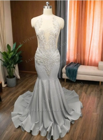 V-neck Silver Mermaid Beading Prom Dresses