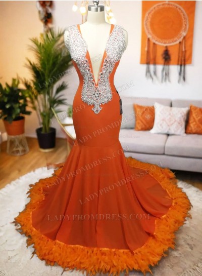 Sleeveless Orange Deep V-neck Mermaid Prom Dresses 2025