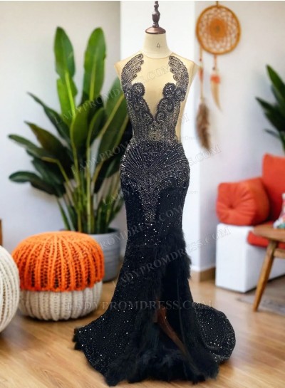 Sheath Sequence Black Side Side Prom Dresses With Feather 2025