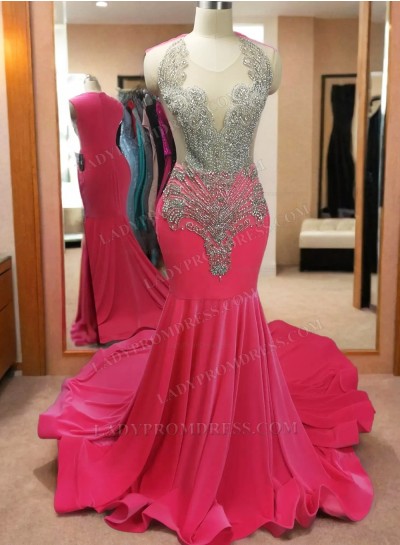 2025 Hot Pink Beaded Mermaid One Shoulder Long Prom Dresses