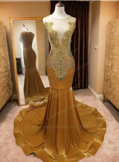 Mermaid Velvet Gold Beaded Long Prom Dresses 2025