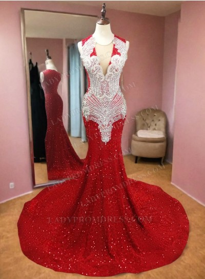 Red Beaded Sheath Sequence Long Prom Dresses 2025