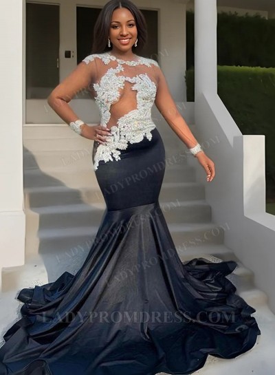 2025 Black Long Sleeves Mermaid Prom Dresses with Appliques