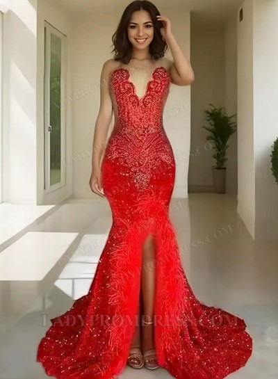 2025 Red Sequins Mermaid Beaded Prom Dresses with Feathers