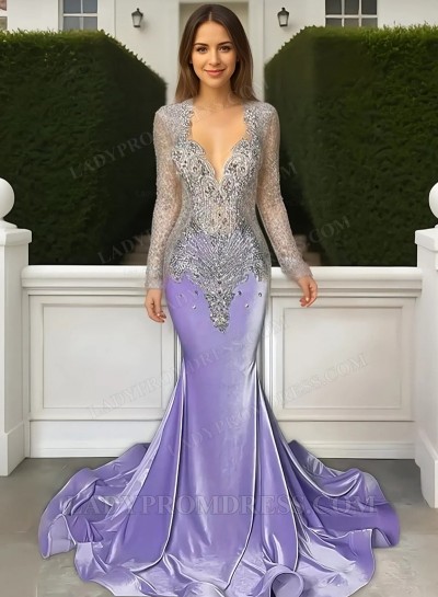 2025 Lavender Long Sleeves V-neck Mermaid Prom Dresses with Beaded