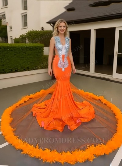 2025 Orange V-neck Mermaid Prom Dresses with Feathers