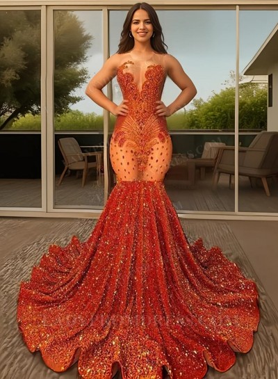 2025 Coral Sequins Mermaid Prom Dresses with Beaded