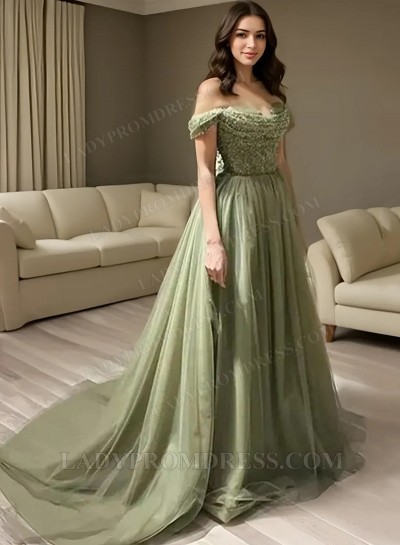 2025 Sage Green A-line Tulle Prom Dresses