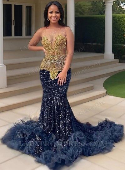 2025 Navy Blue Sequins Mermaid Prom Dresses with Beaded