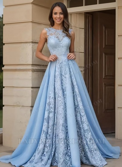 2025 Blue A-line Lace Prom Dresses