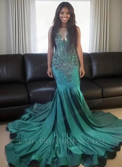 2025 Dark Green Satin Mermaid Prom Dresses with Beaded