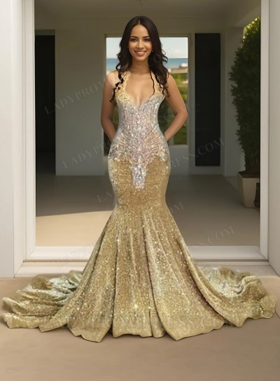 2025 Sequence Mermaid Champagne Halter Long Prom Dresses With Beads