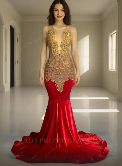 Red Mermaid Silk Like Satin Beaded Round Neck Long Prom Dresses