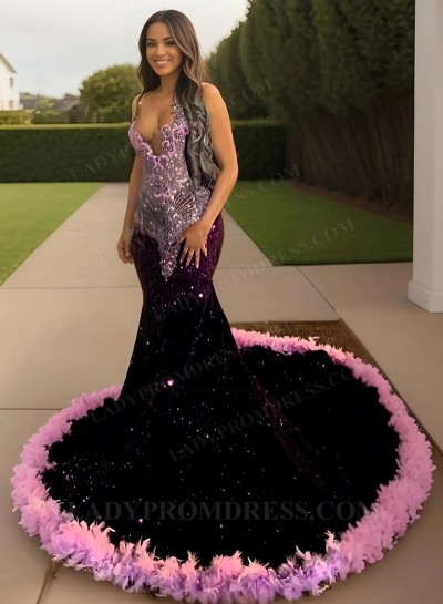 2025 Mermaid Grape Halter Beaded Long Prom Dresses With Feathers