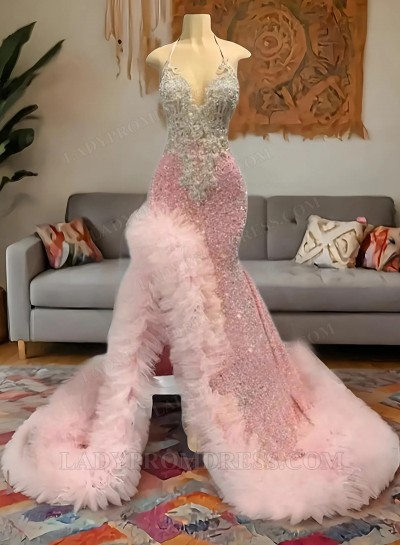 Pink Sequence Sheath Halter Side Slit Ruffles Long Prom Dresses With Appliques
