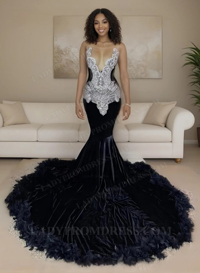Black Mermaid Velvet Beaded Round Neck Long Prom Dresses With Feathers