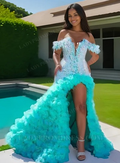 2025 Sheath Mint Green Off Shoulder Slit Ruffles Long Prom Dresses With Appliques