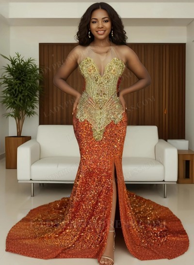 Orange Sequence Round Neck Side Slit Beaded 2025 South African Prom Dresses