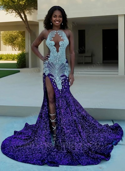 Sheath Side Slit Sequence Halter Purple Beaded 2025 Long Prom Dresses