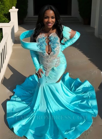 Mermaid 2025 Silk Like Satin Beaded Blue Long Prom Dresses