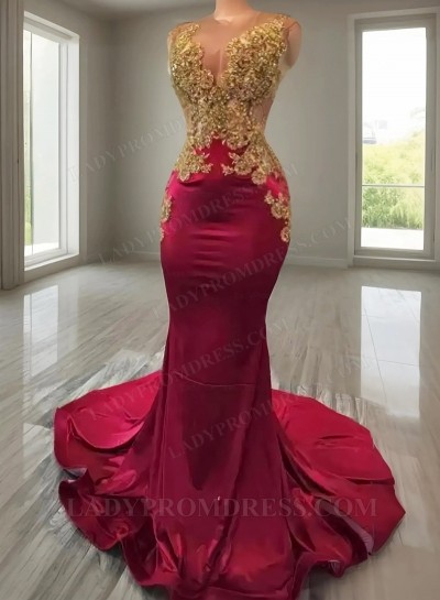 Sheath Burgundy Gold Beaded Satin Round Neck Long Prom Dresses 2025