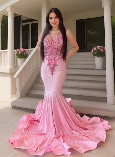Satin Mermaid Beaded Round Neck Pink Long Prom Dresses 2025
