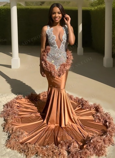 Mermaid Brown Silk Like Satin Beaded Long Prom Dresses 2025 With Feathers