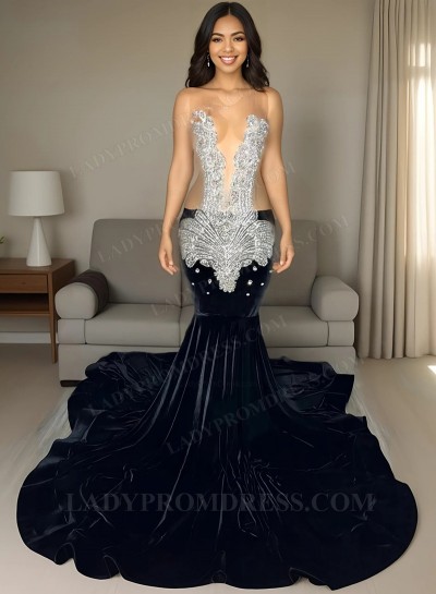 Mermaid Black Velvet Beaded Prom Dresses With Mesh 2025