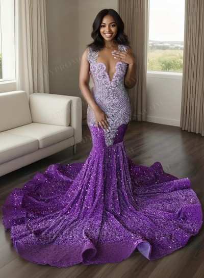Purple Sequence Beaded Long Mermaid Prom Dresses 2025