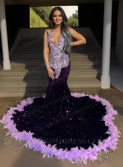 2025 Grape Mermaid Sequence V-Neck Long Prom Dresses With Feathers
