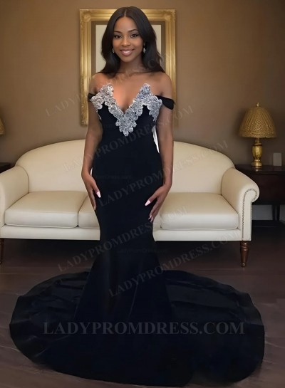 Black Velvet Sheath Sweetheart Off Shoulder Long Prom Dresses 2025 With Appliques