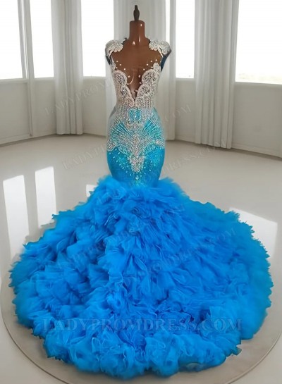 2025 Mermaid Blue Scoop Neckline Ruffles Long Prom Dresses With Beads