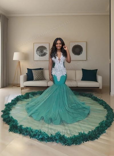 2025 Mermaid Silk Like Satin Jade Beaded Long Train Beaded Prom Dresses With Feathers