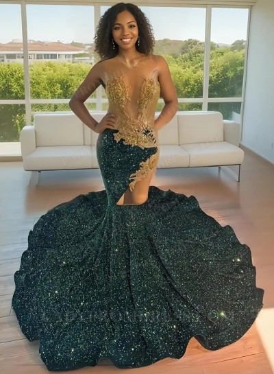 2025 Mermaid Hunter With Gold Appliques Sequence Long Prom Dresses