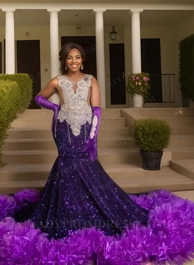 2025 Mermaid Sequence Purple Beaded Long Prom Dresses With Ruffles