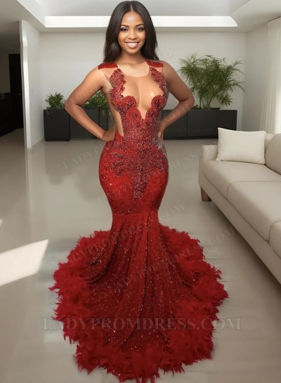 2025 Red Mermaid Sequence Sleeveless Beaded Long Prom Dresses With Feathers