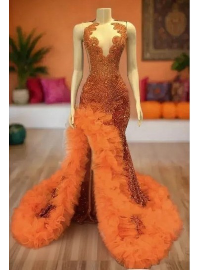 2025 Orange Mermaid Prom Dresses with Beaded