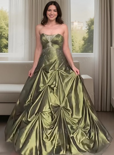 2025 A Line Taffeta Beaded Strapless Army Green Long Prom Dresses With Ruffles