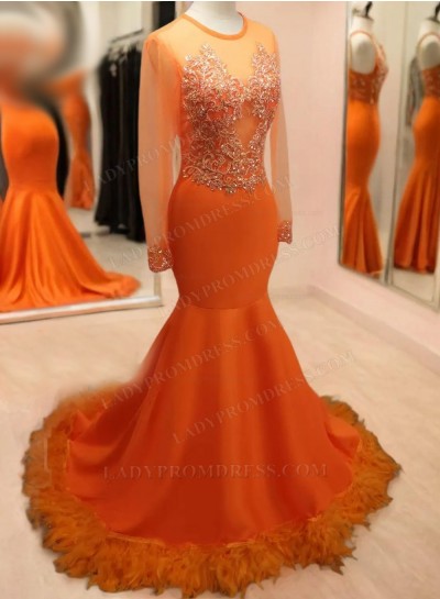 Long Sleeves Orange Mermaid Prom Dresses 2025