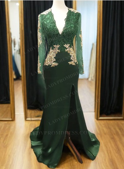 2025 Hunter Green Mermaid/Trumpet V Neck Long Sleeve Backless Applique Beaded Split-Front Prom Dresses