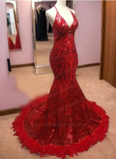 Mermaid V Neck 2025 Sequence Long Feathers Red Prom Dresses
