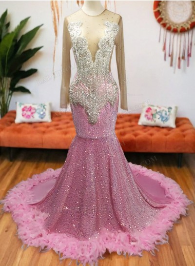 Pink Long Sleeves Mermaid Beading African American Long 2025 Prom Dresses