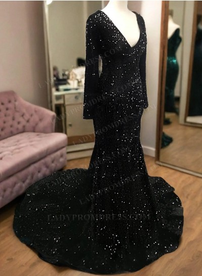 2025 Mermaid Long Sleeves Black Prom Dress