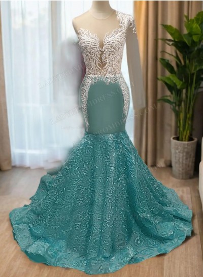 2025 Mermaid Long Sleeves Mint Green Rose Bottom Long Prom Dresses