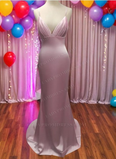 Spaghetti Straps Pink Deep V Neck Sheath Backless Prom Dresses 2025